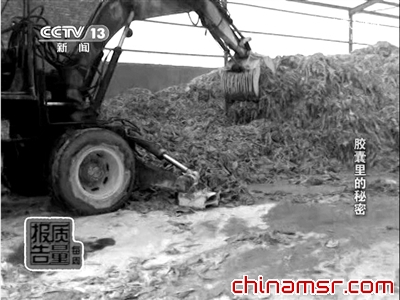 铲车在翻搅生产工业明胶的皮革边角料。